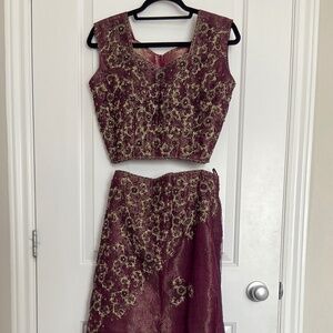 Deep plum embroidered lengha set of 3 Indian skirt top with dupatta crop top